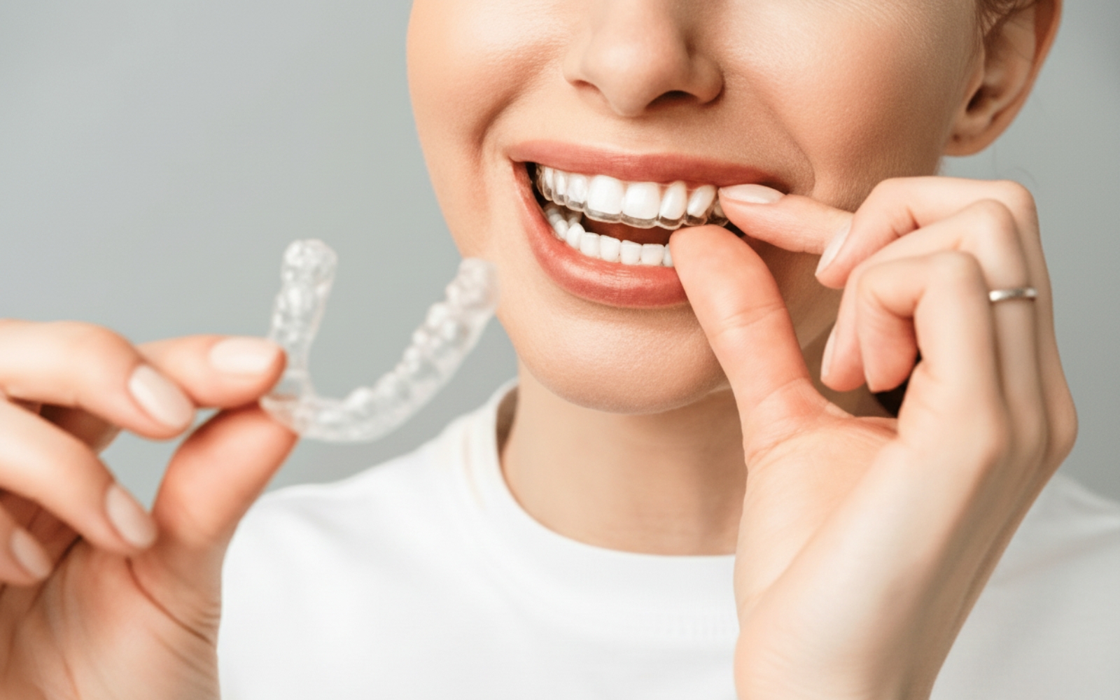 Client wearing Invisalign clear aligners
